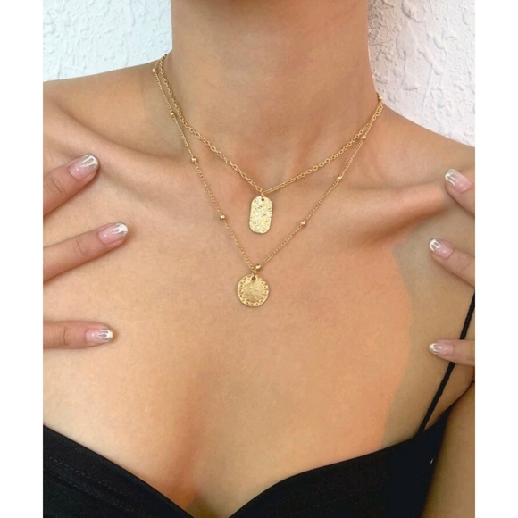 Anthropologie Miami Layered Trendy Gold Double Dog Tag Pendant Necklace - Picture 1 of 4